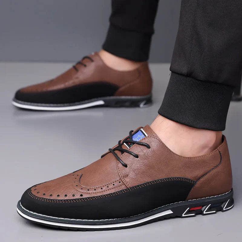 Men's casual low-top leather shoes with a fabric upper, leather toe cap, and rubber sole.