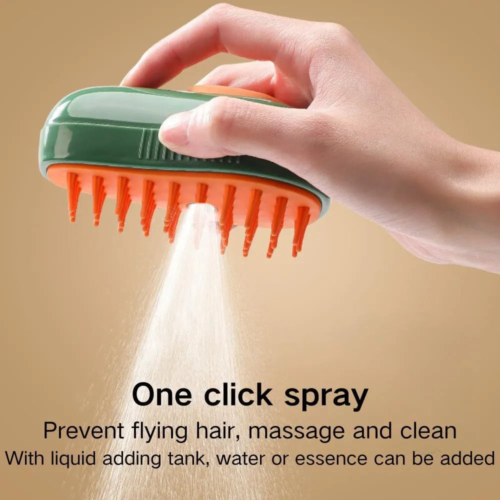 Green and white cat steam brush with water spray function and soft silicone teeth for pet grooming