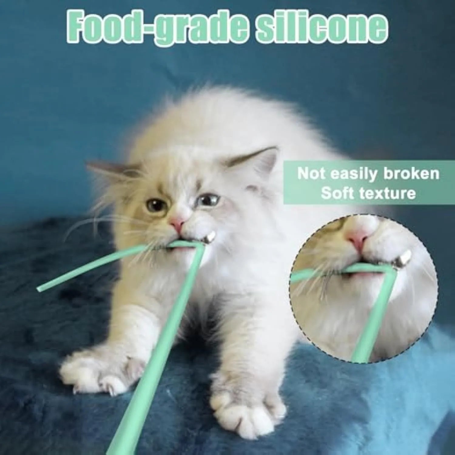 Green automatic electronic cat wand toy with swinging silicone tails on white background