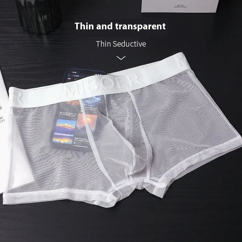 Men's thin invisible boxers in quick-drying polyester fabric, shown in multiple colour options.