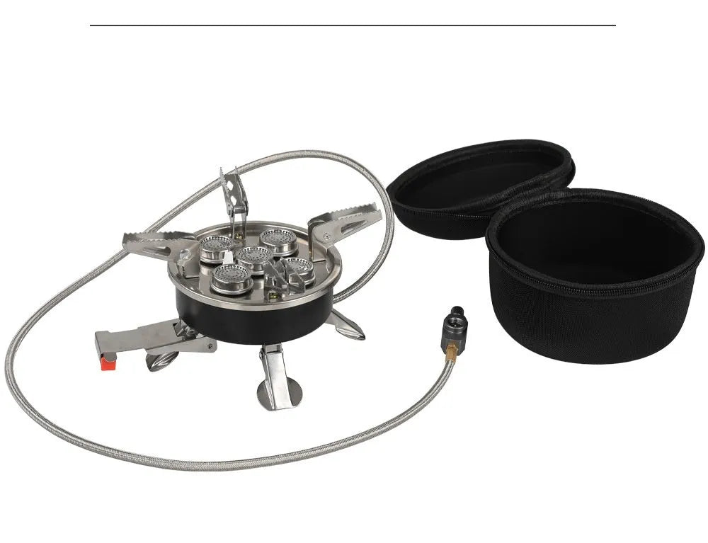 Silver foldable stainless steel split camping stove with extended fuel hose, shown unfolded.