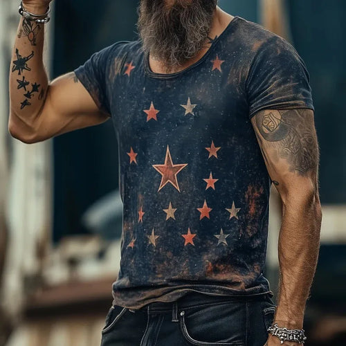 Man wearing a loose-fit short-sleeve t-shirt with a colourful 3D creative pattern in an art retro style.