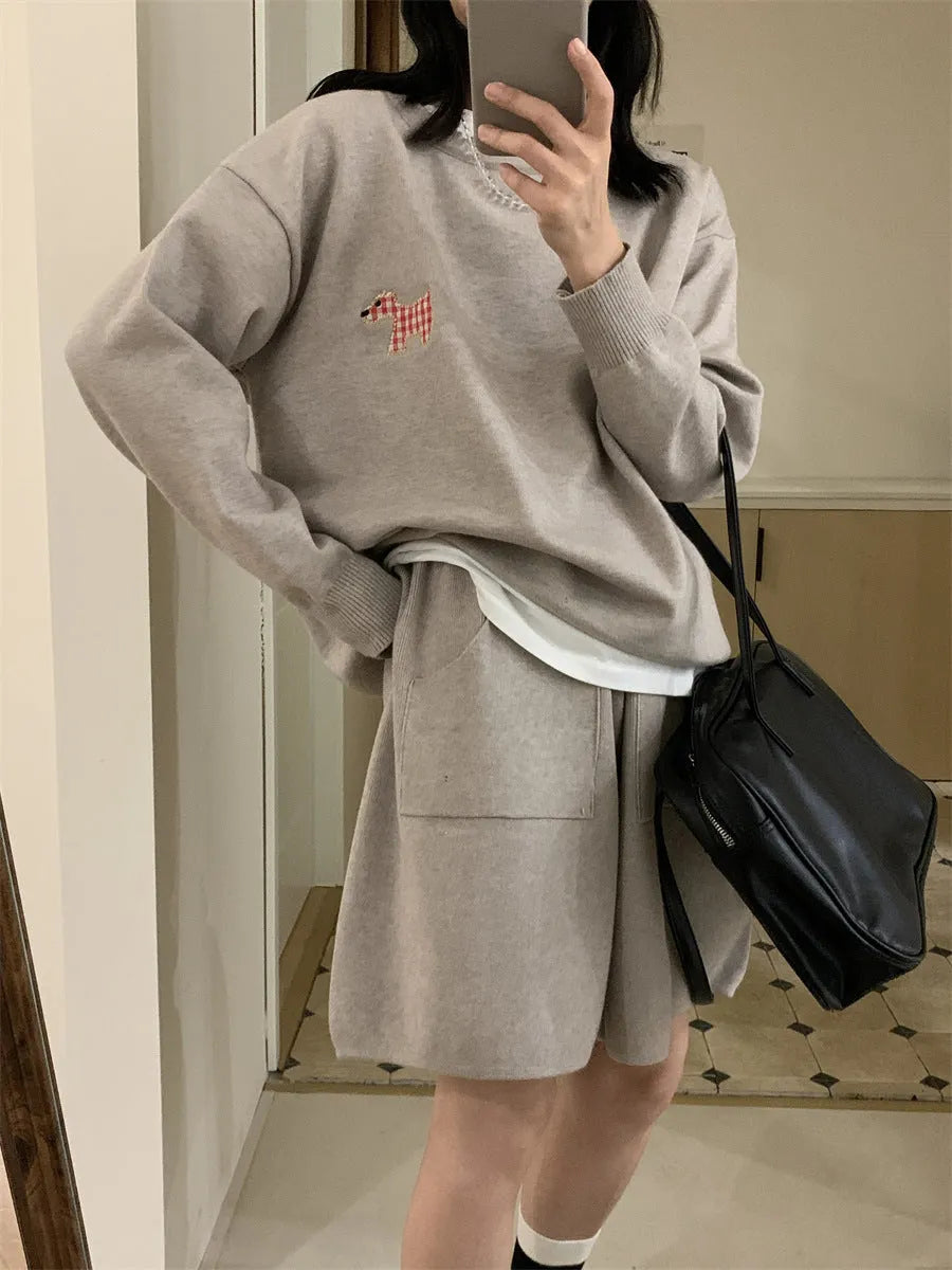 Women's milk blue knitted sweater and shorts set with animal embroidery, Japanese Korean casual style.