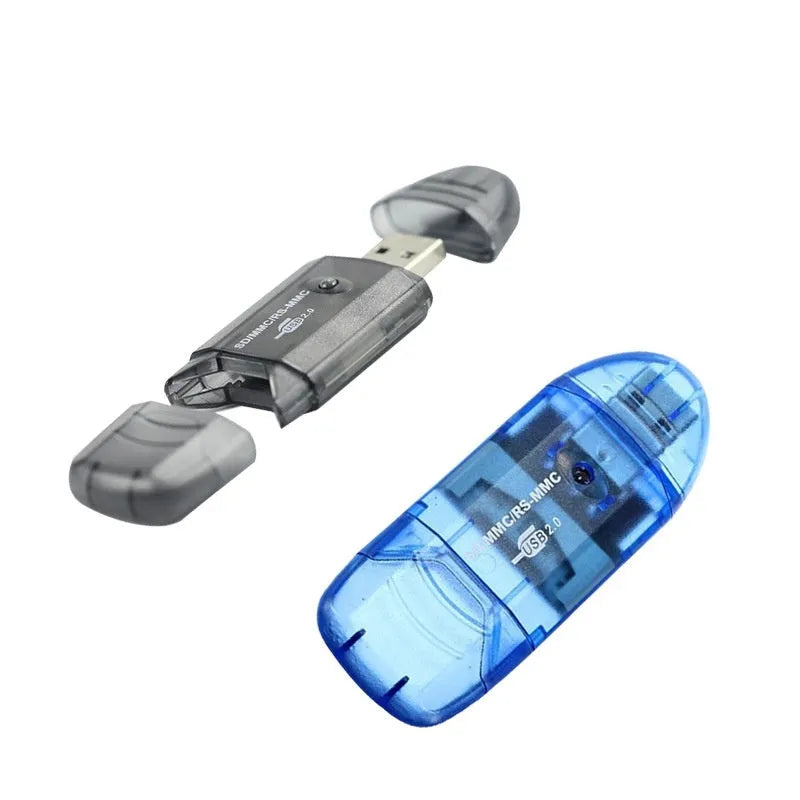 Transparent USB card reader for SD and MS memory cards with optional LED light, shown with card holder.
