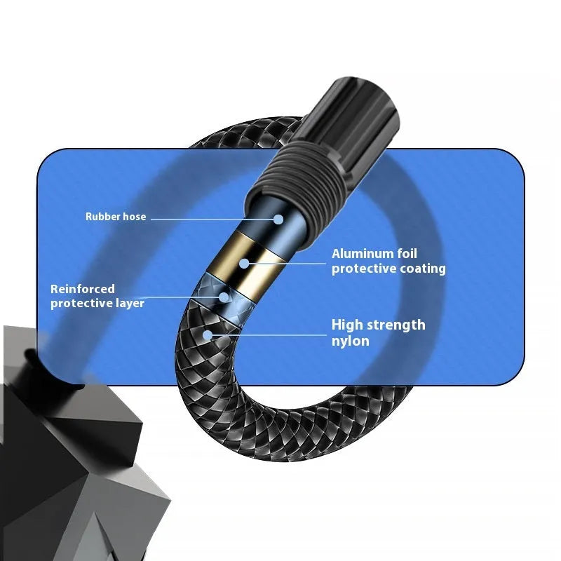 Black portable 12V car tyre inflator with digital display and LED light on a grey background.