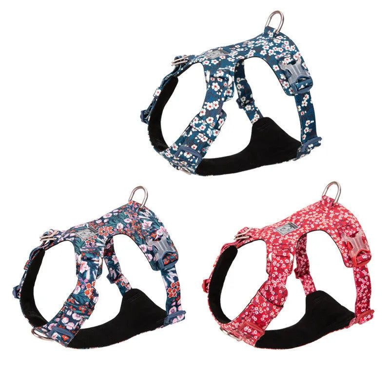Pure cotton dog harness chest strap with floral pattern in red, blue or green colour options