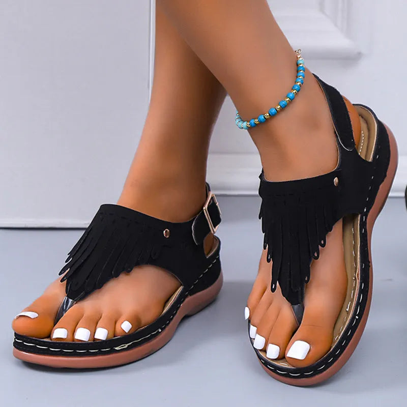 Women's Roman cutout thong wedge sandals with buckle closure in black, microfiber upper and polyurethane sole