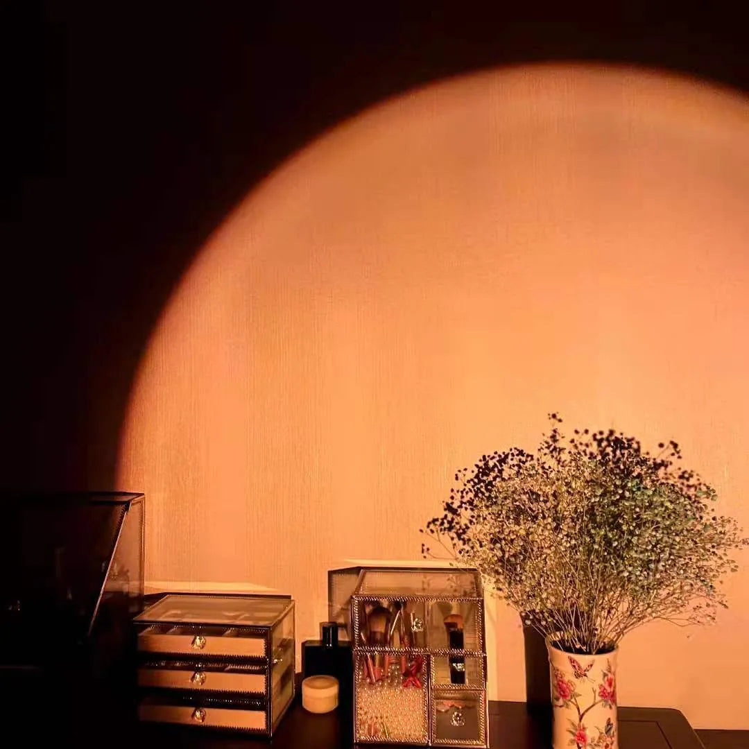 USB rechargeable rainbow sunset projection lamp with push-button control creating colourful atmospheric lighting