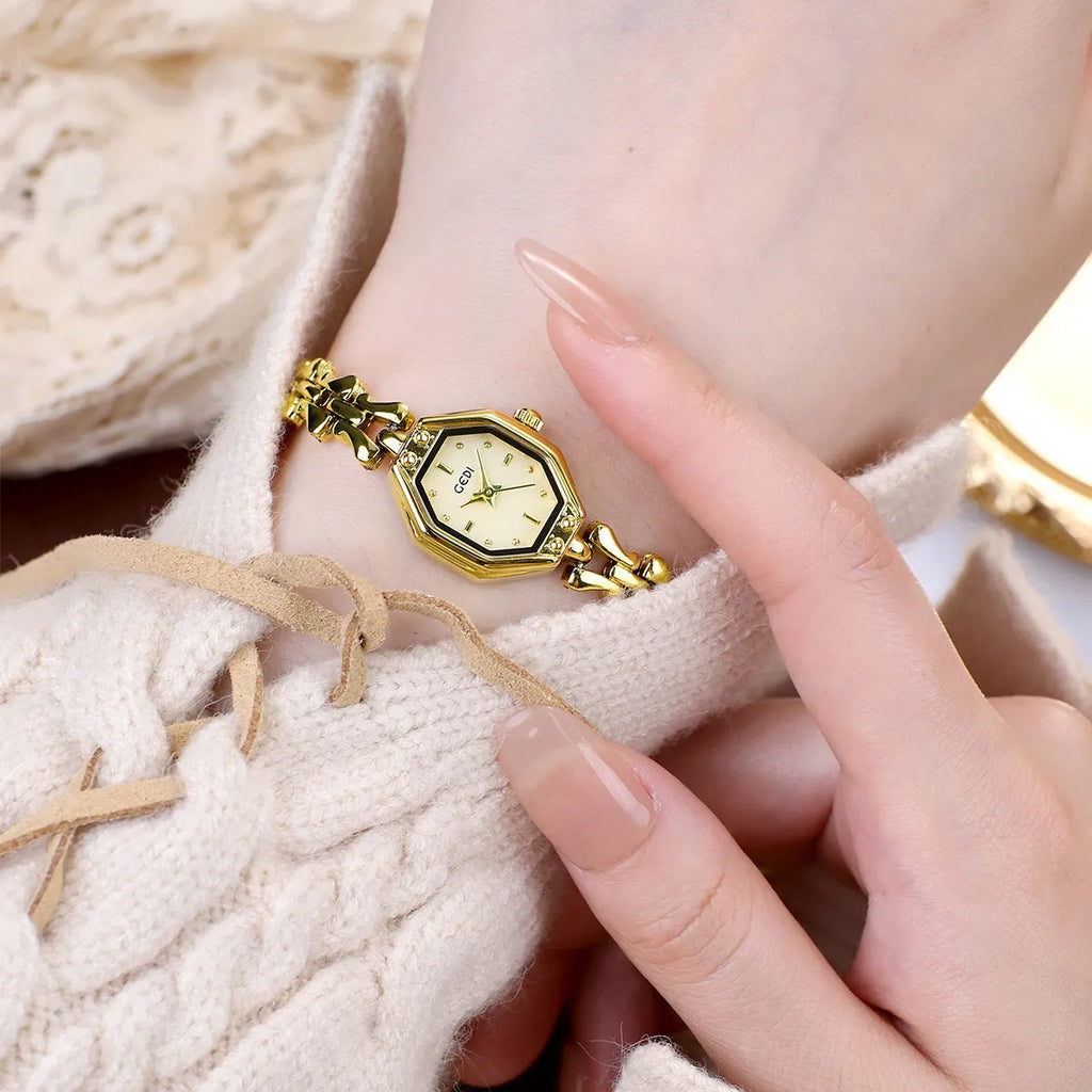 Luxury retro octagonal women's quartz watch with alloy strap and barrel-shaped dial, mineral glass mirror, steel gold white colour