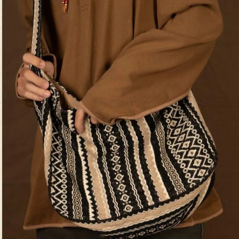 Corduroy jacquard vintage striped messenger bag with adjustable plaid shoulder strap