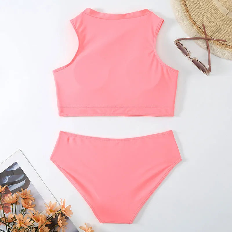 Pink high waist split bikini swimsuit with matching bra and briefs