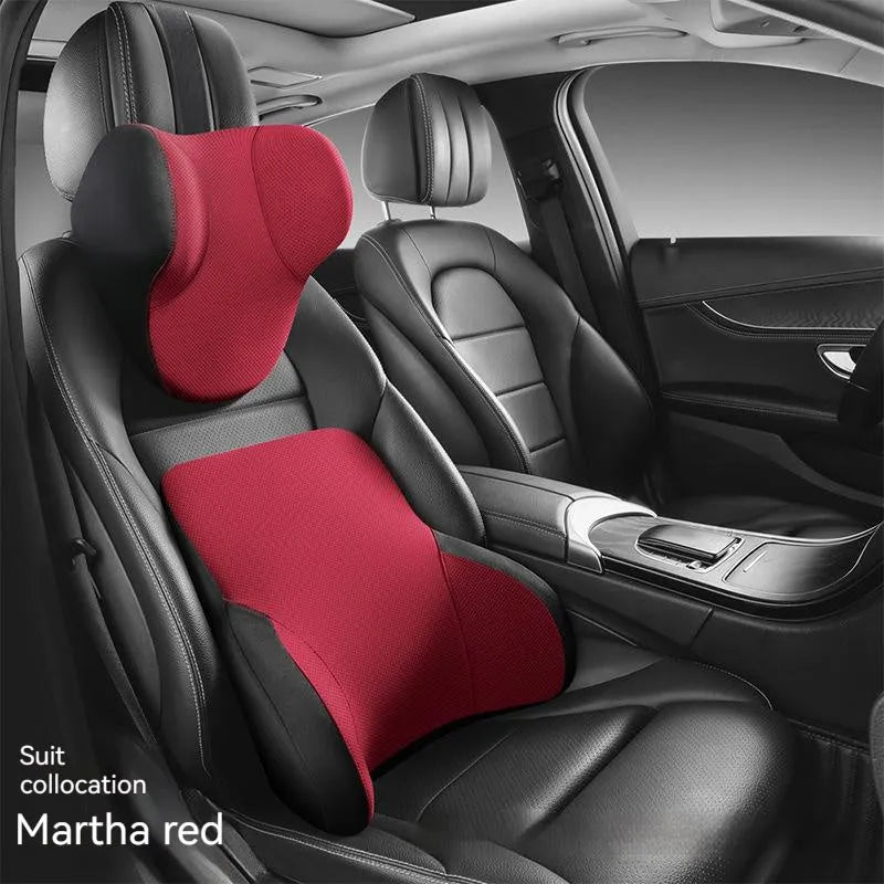 Memory foam car lumbar support pillow and matching headrest cover in knitted fabric