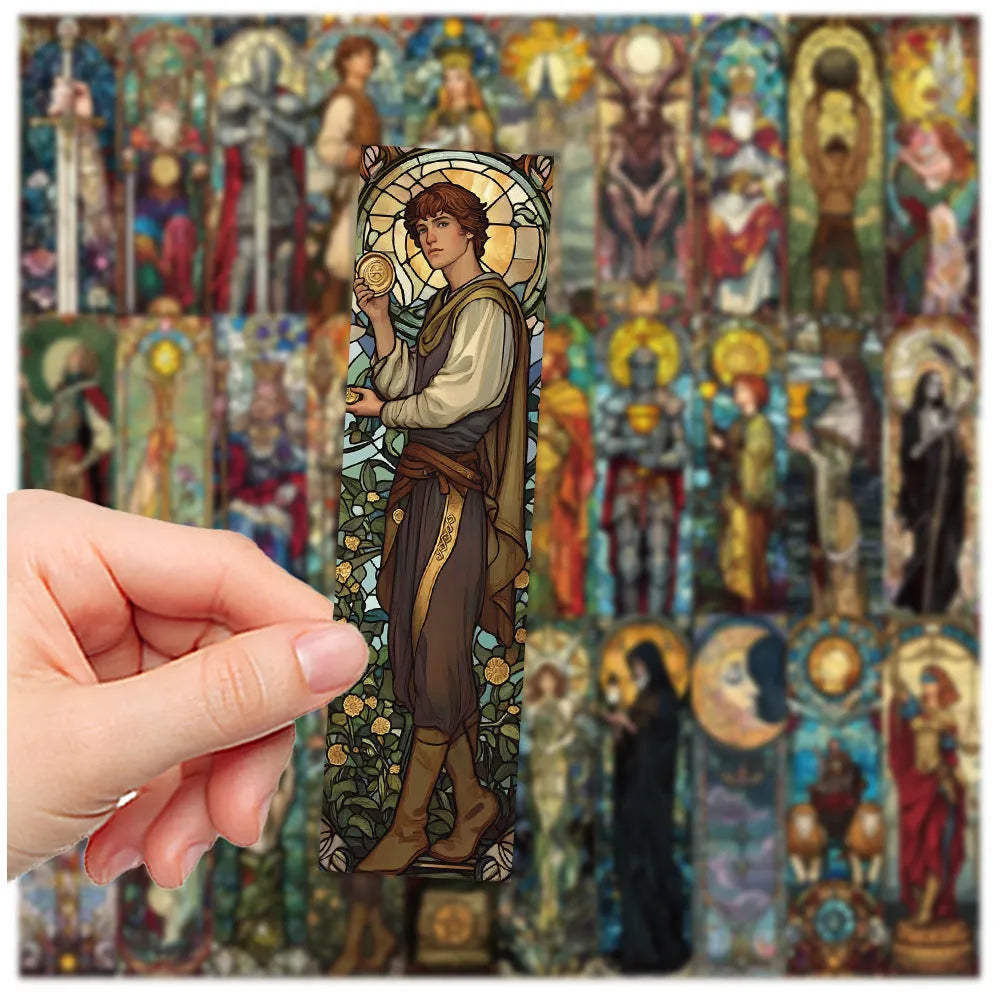 Pack of 30 paper tarot bookmarks with painted glass card illustrations.
