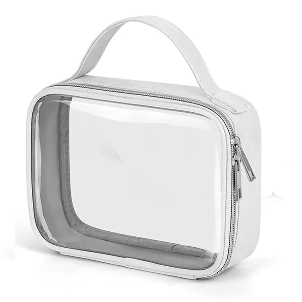 Transparent PVC cosmetic organiser bag with chain in multiple colours including leopard print for lipstick and brush storage.