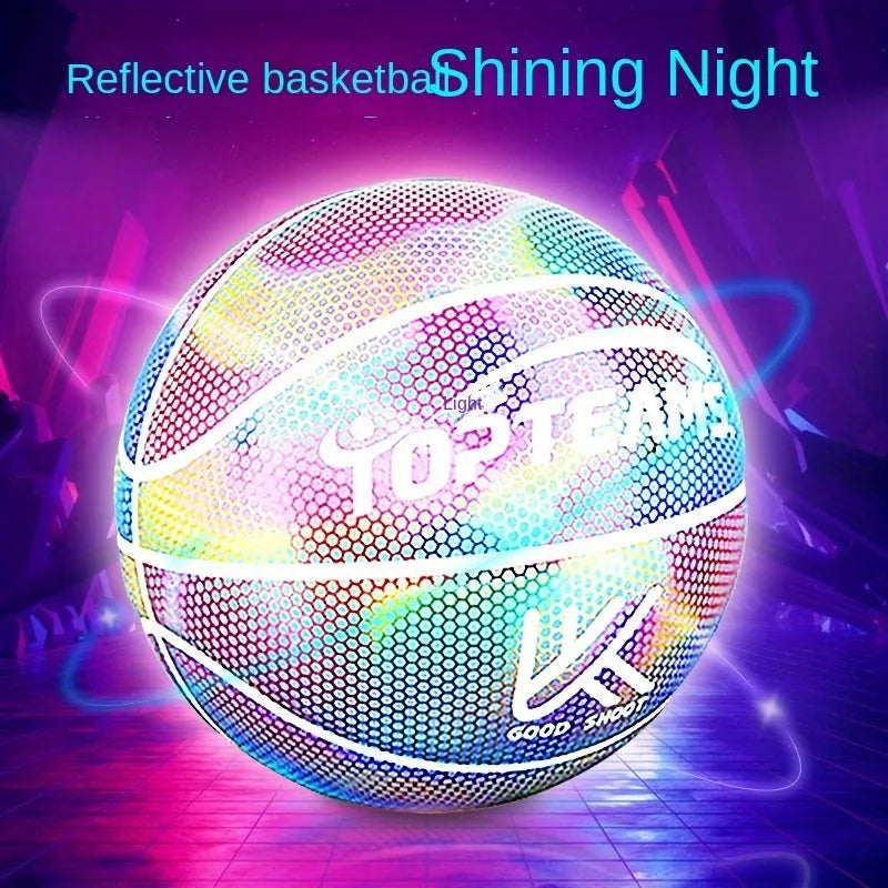 Size 7 basketball with holographic reflective surface in fluorescent colours