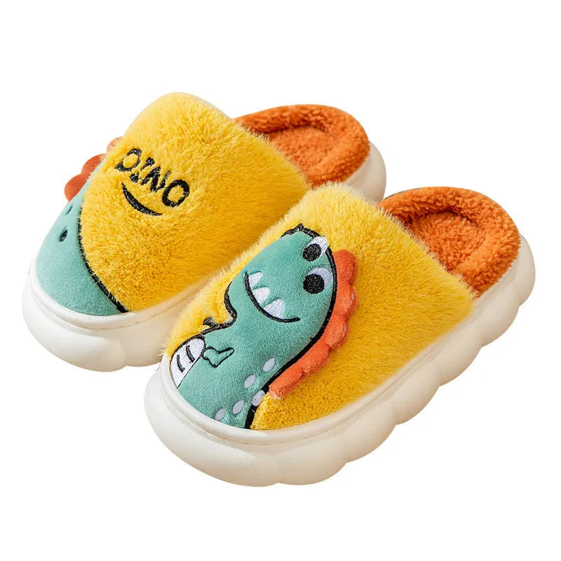 Plush cotton couple slippers with dinosaur designs in grey, coffee, and orange colours