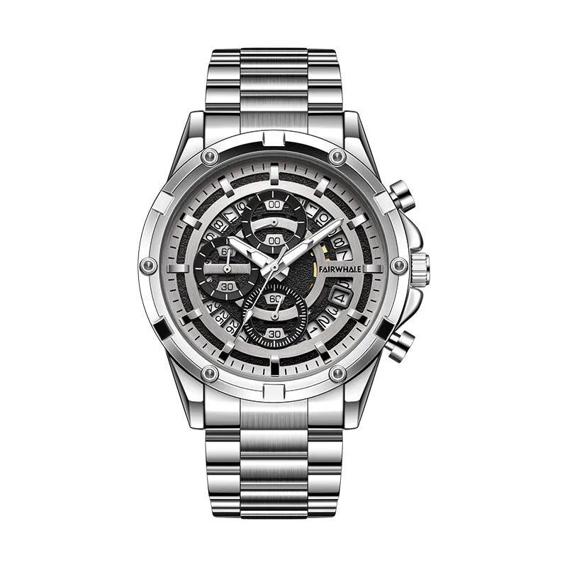 Men's waterproof luminous quartz watch with steel belt in black and blue, black and gold, or silver and white colour options