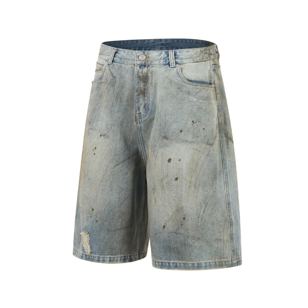 A pair of washed blue, cropped, straight-leg denim trousers on a plain background.