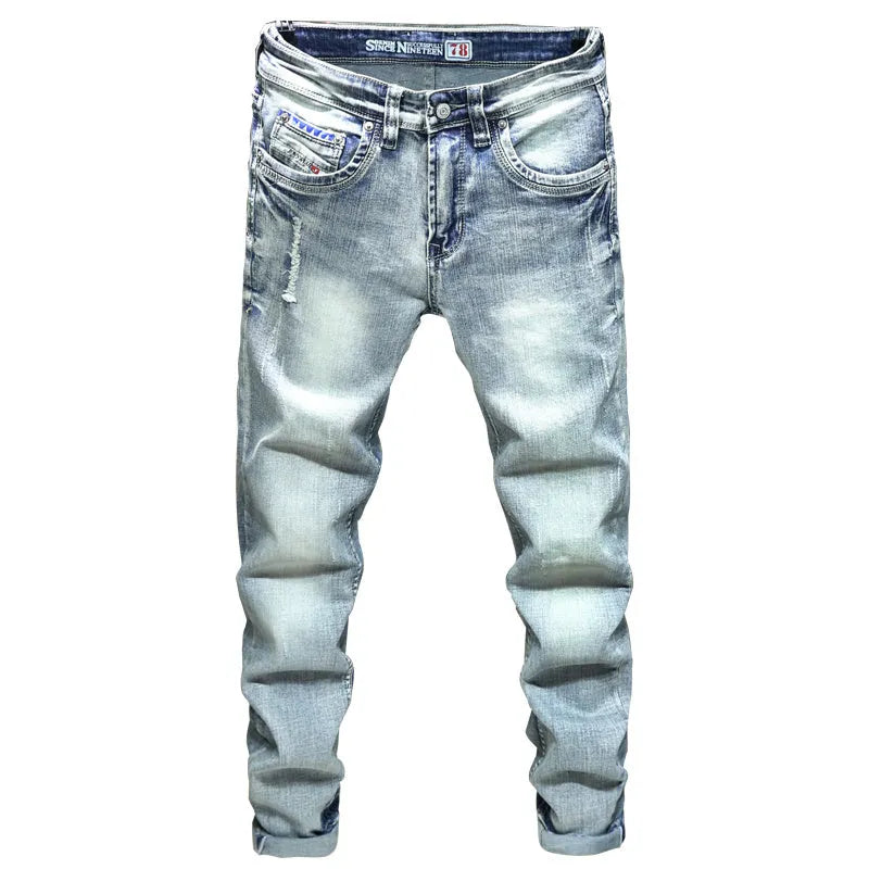Men's light blue cotton ripped straight-leg jeans with a casual leisure style