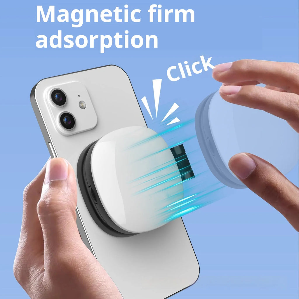 Black mobile phone magnetic fill light with variable holder showing three colour temperature settings