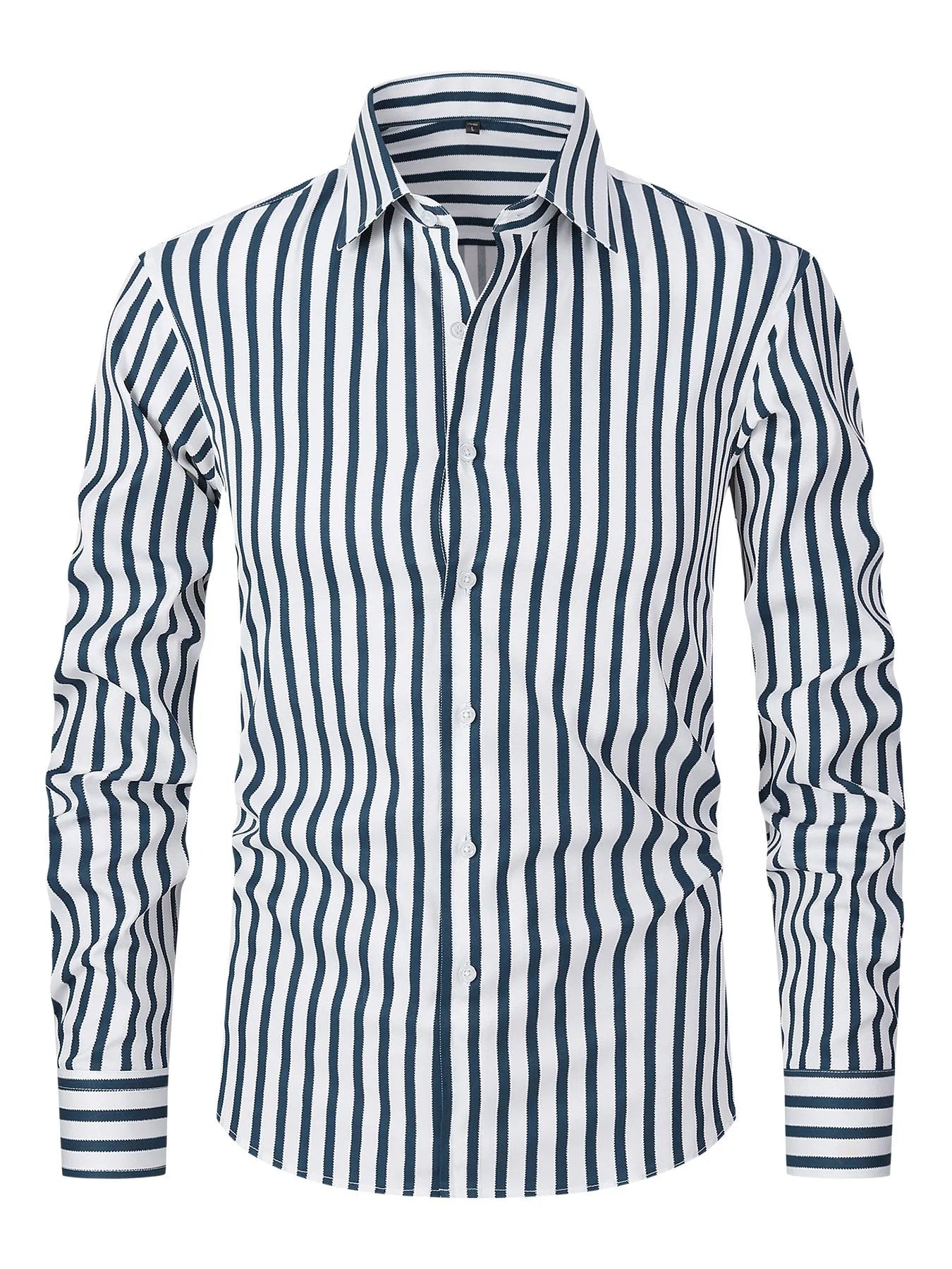 Men's slim fit striped long sleeve business shirt in ice silk polyester blend fabric