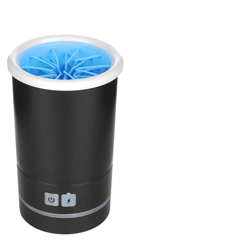 Automatic pet foot washing cup in white blue with silicone brush interior and USB power cable