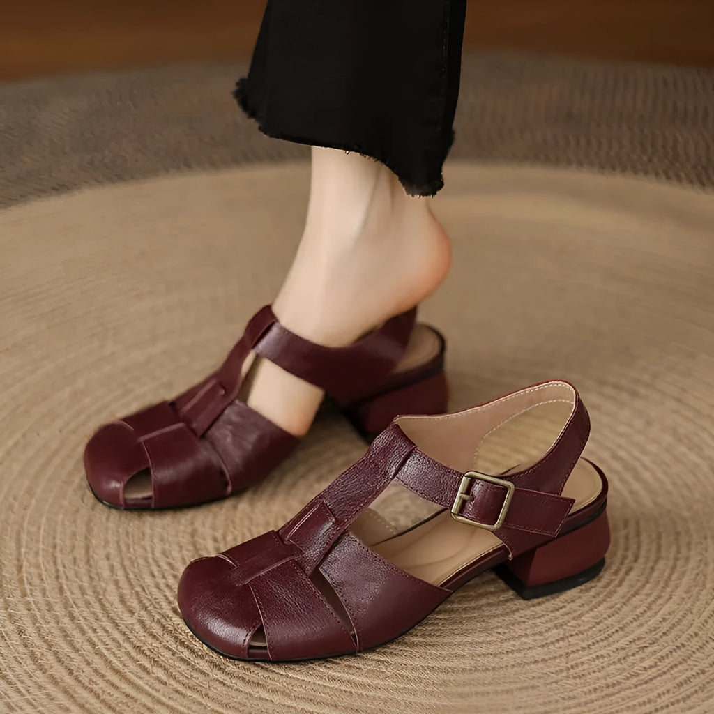 Women's genuine leather Roman sandals with square toe, available in black, red, beige, and creamy-white – sizes 34-40