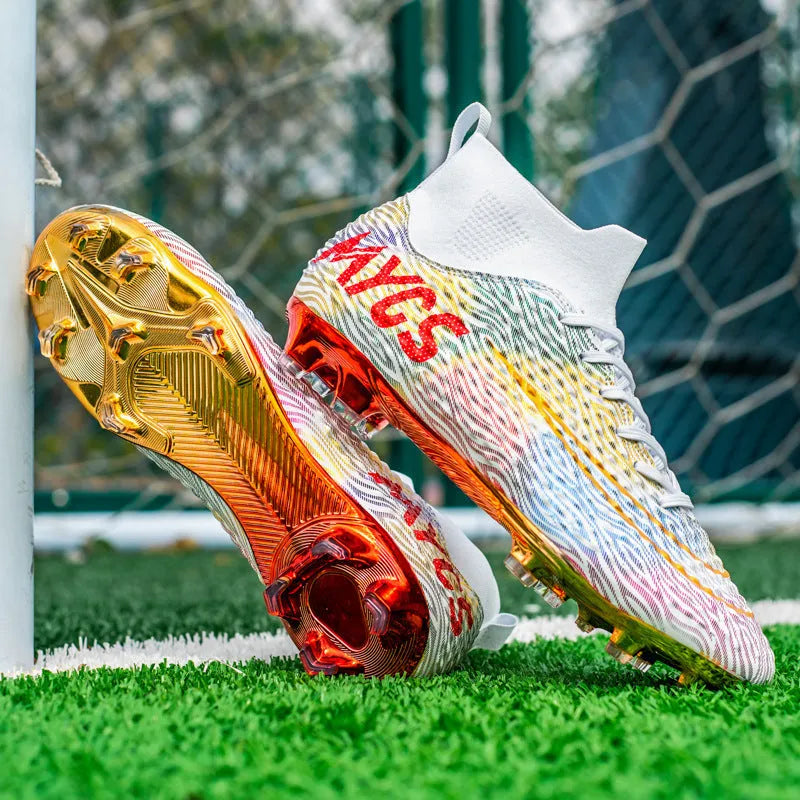 Men's outdoor training gold-plated high-top soccer shoes in green with synthetic leather upper and rubber sole