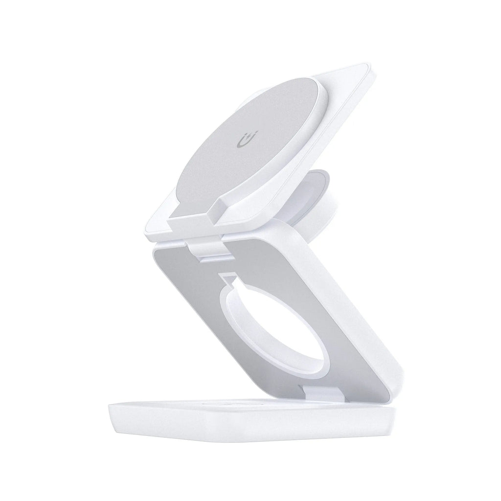 Foldable magnetic wireless charger phone holder in black or white with QC3.0 fast charging