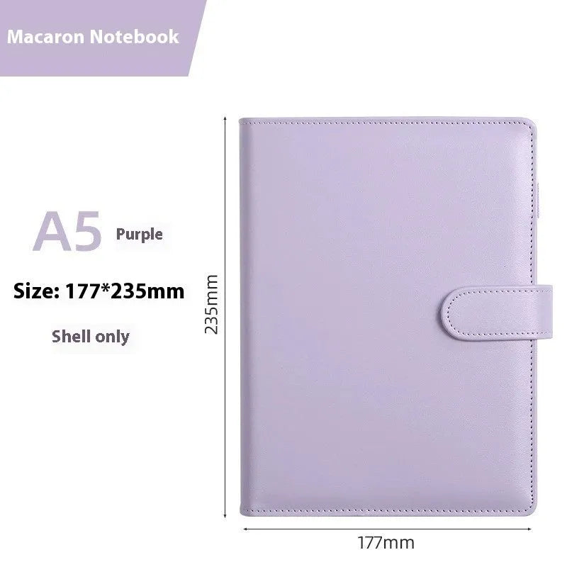 A5 PU leather loose-leaf binder shell with zipper closure shown in various colours.