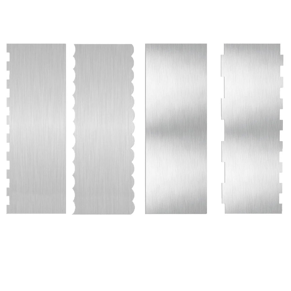 Stainless steel cake cream scraper with geometric polygon pattern edge for buttercream decorating
