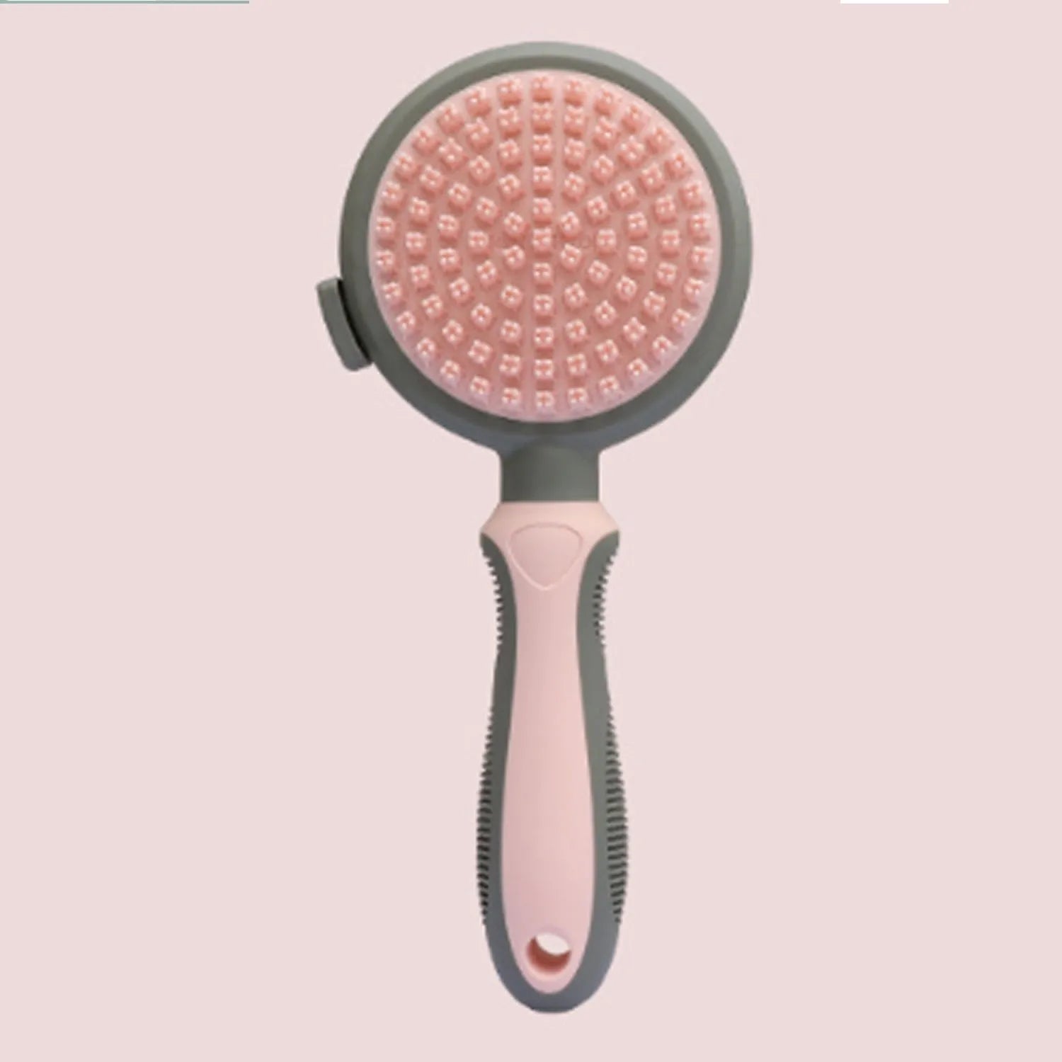 Double-sided cat brush with release button and included flea comb for pet grooming