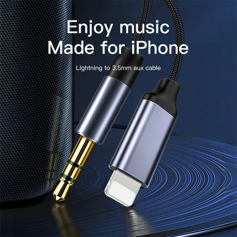 Black nylon braided audio cable with 3.5mm connectors next to silver version.