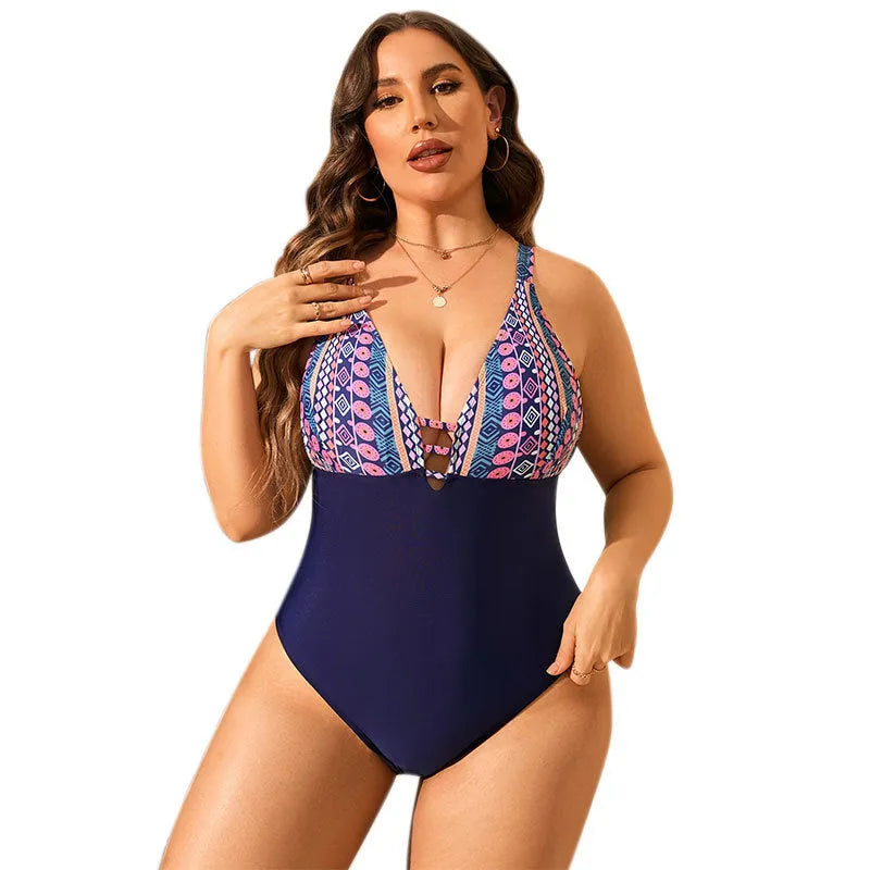 Leopard print plus size one-piece swimsuit with V-neck and sleeveless conservative design.