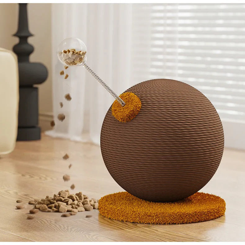 Hemp rope cat scratch board with attached ball toys in large and small size options.