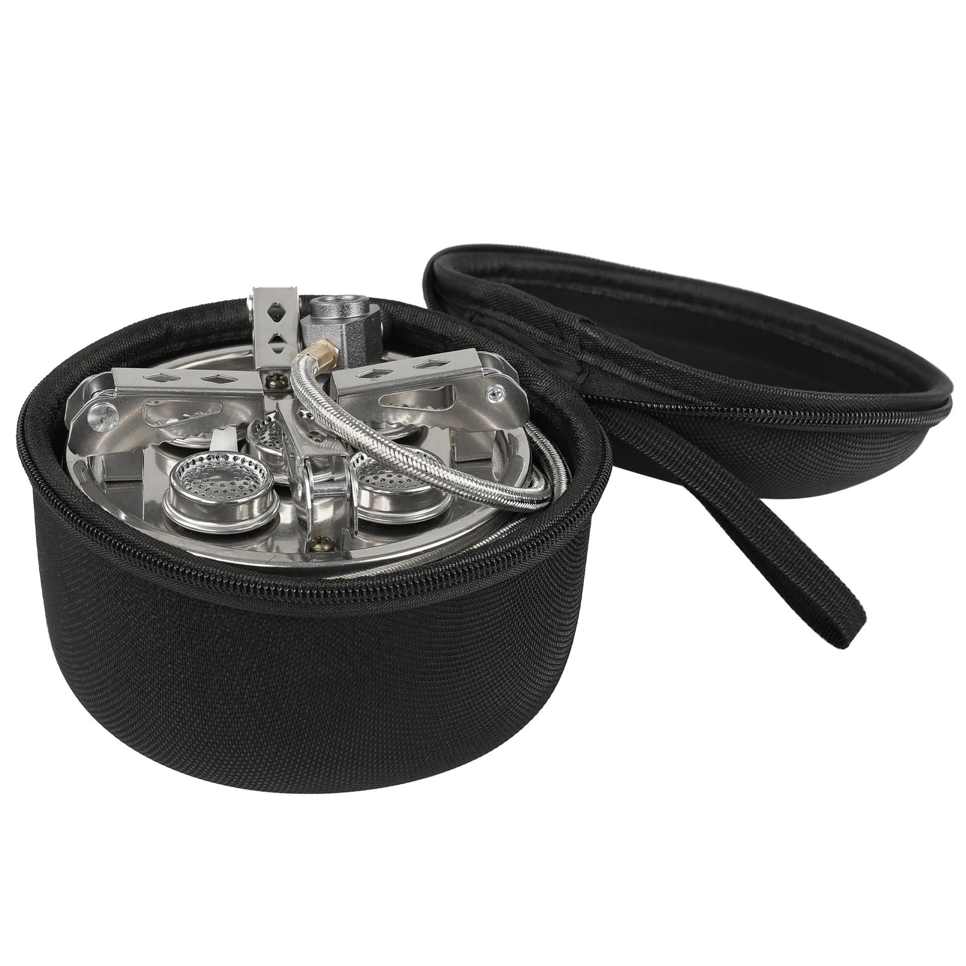 Silver foldable stainless steel split camping stove with extended fuel hose, shown unfolded.