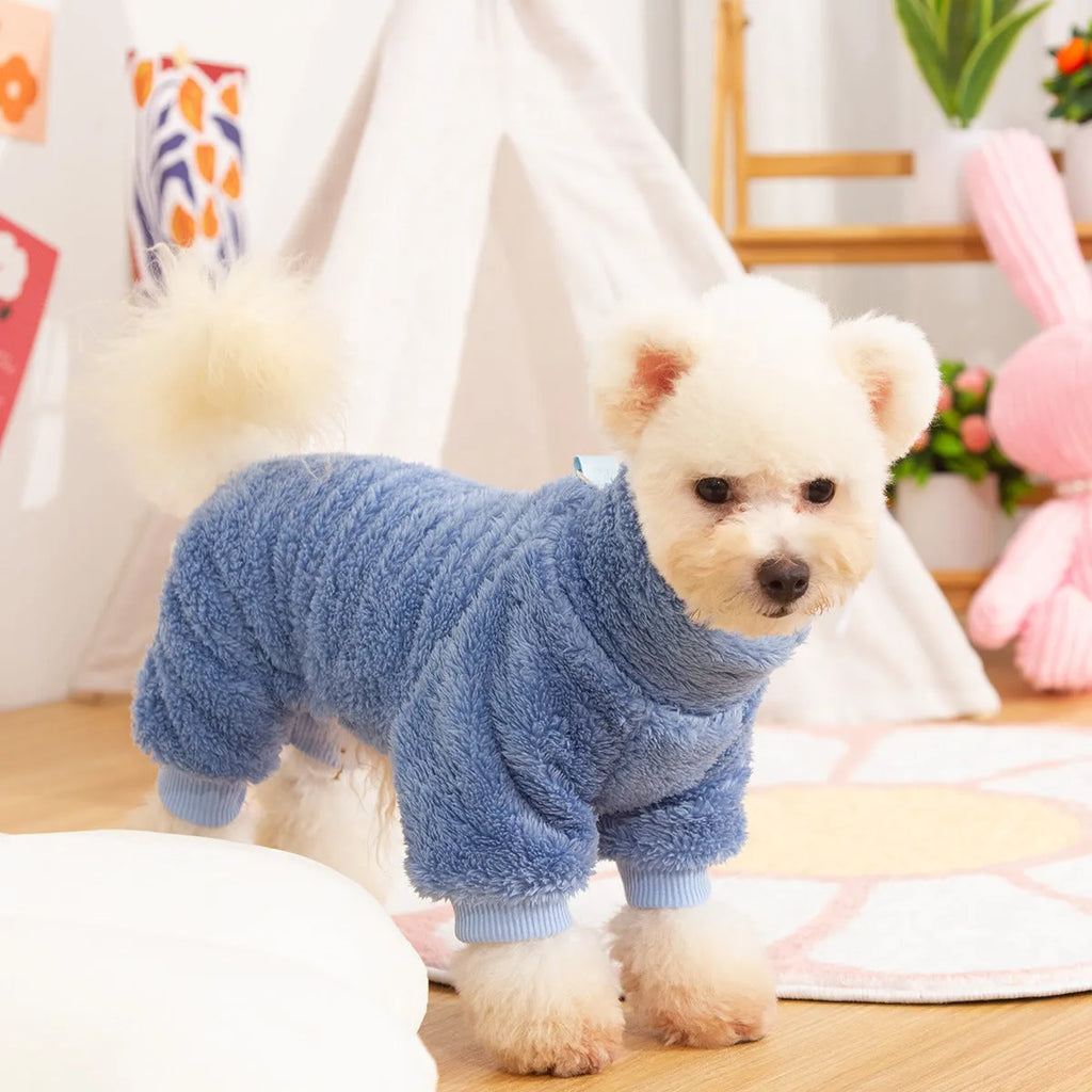 Double-sided thick plush dog coat with high collar in blue colour showing four-legged design and towing ring