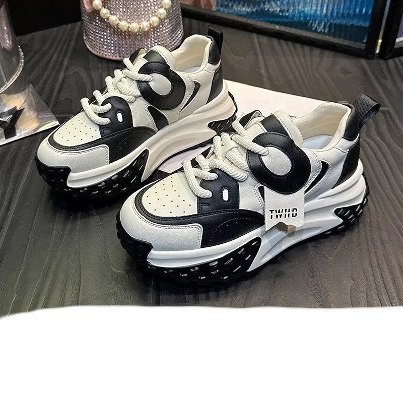 Women's leather casual shoes with a thick wedge heel and lace-up front in four colour options.