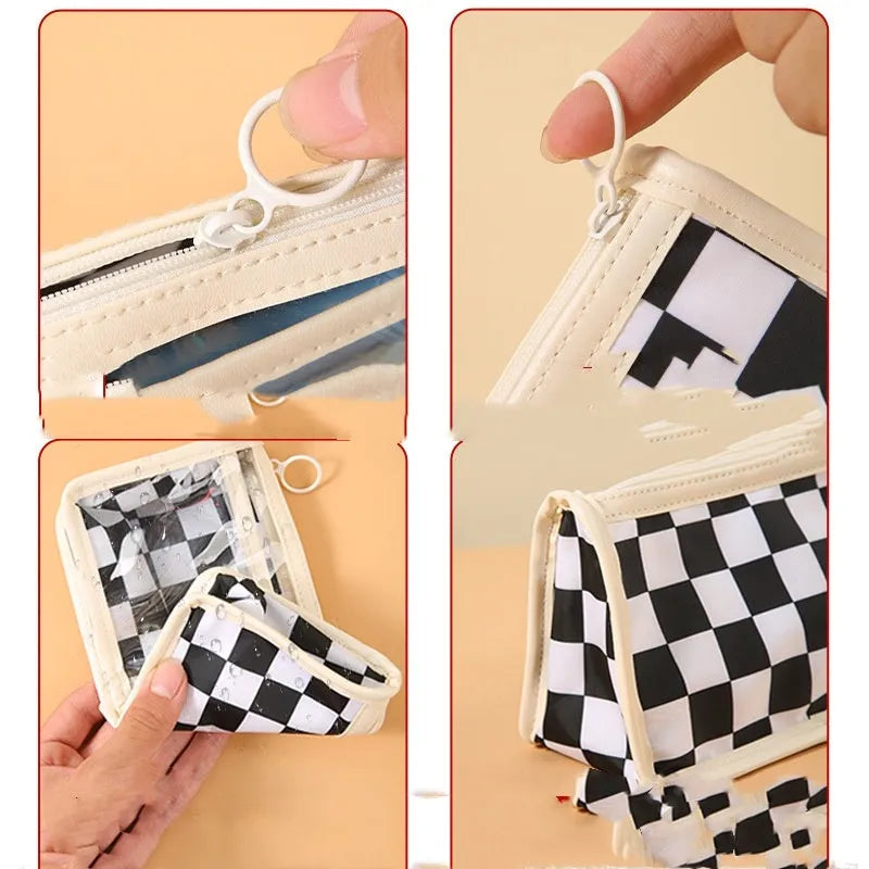 Transparent PVC pencil case with chessboard pattern measuring 21.5cm