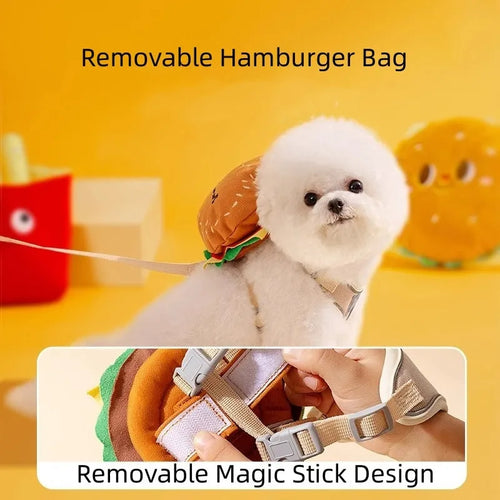 Adjustable pet vest leash with cartoon hamburger design, shown on a dog.