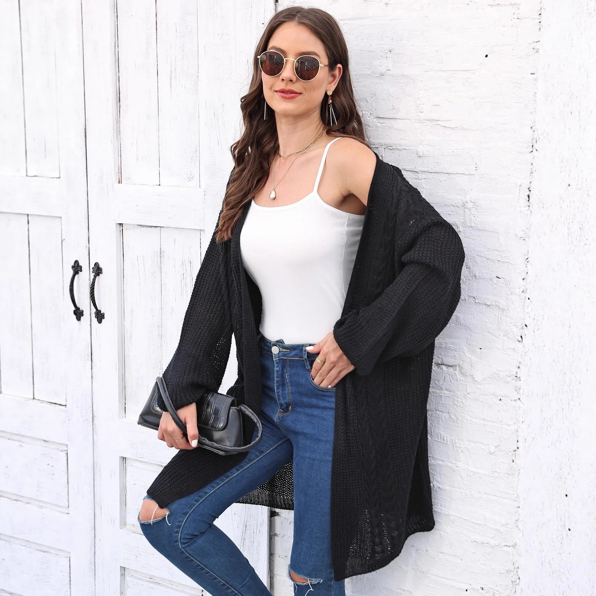 Women's loose acrylic sweater coat cardigan in five colour options including army green and rose red