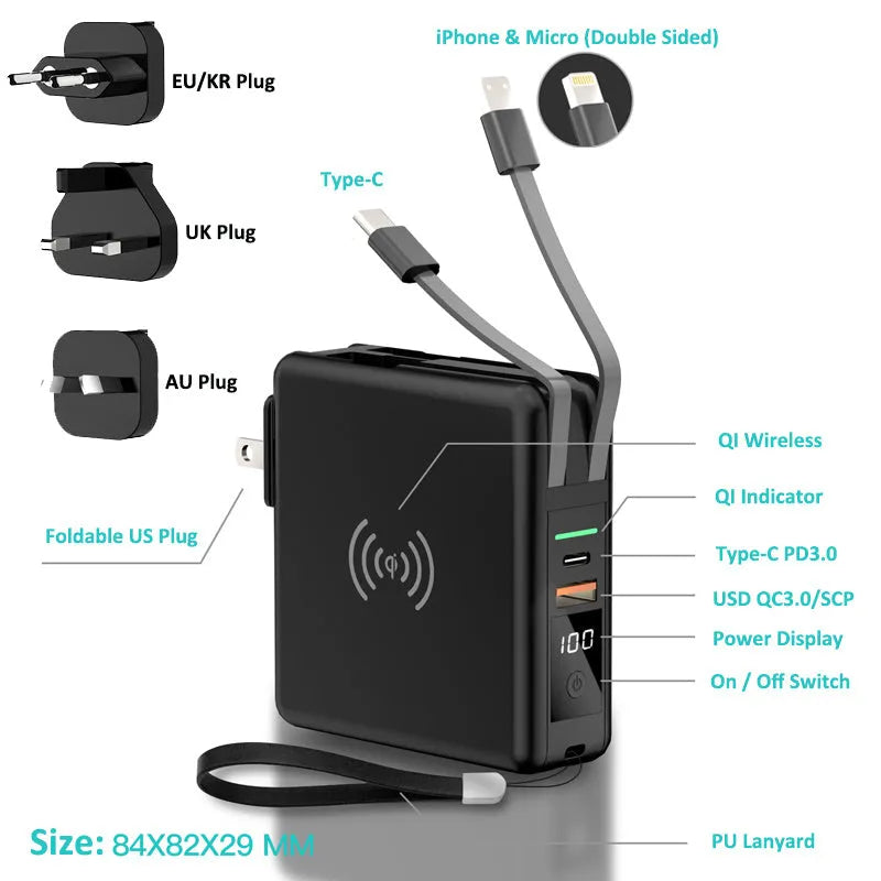 Black and white 10000mAh power bank with QI wireless charging and a set of international plug adapters