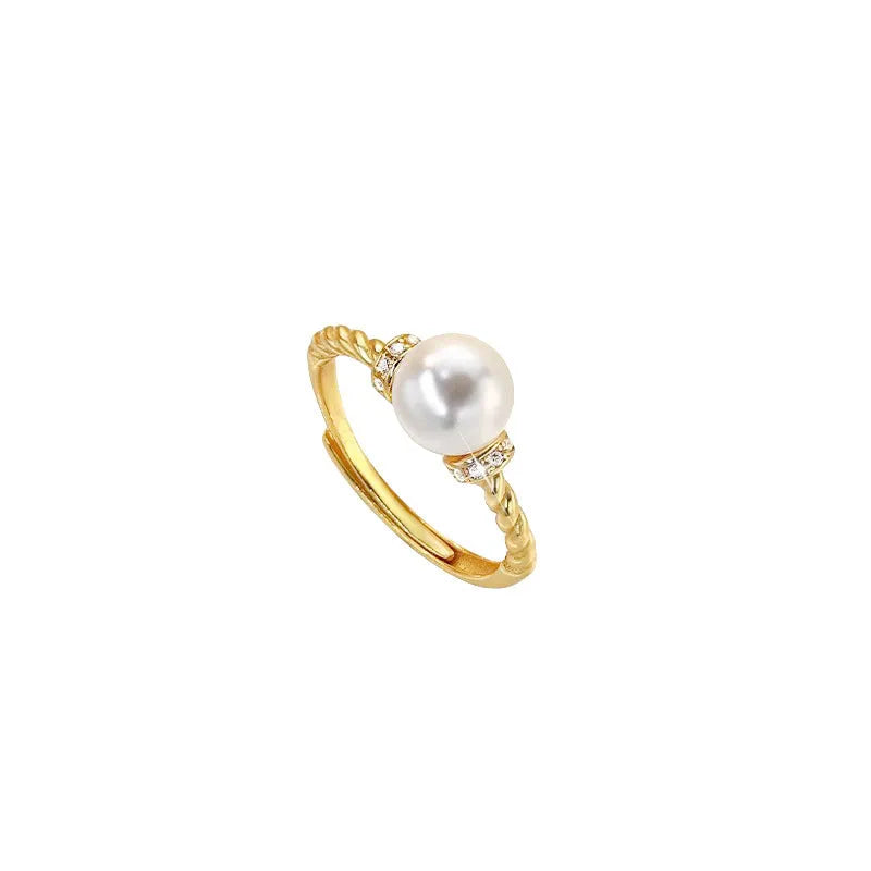 Adjustable antique twist pearl ring with geometric inlay design on copper band