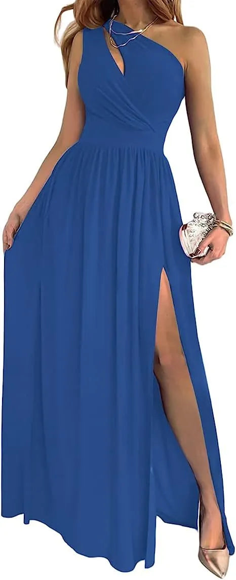 Women's apricot one shoulder sleeveless maxi dress with high leg split and cutout detail.