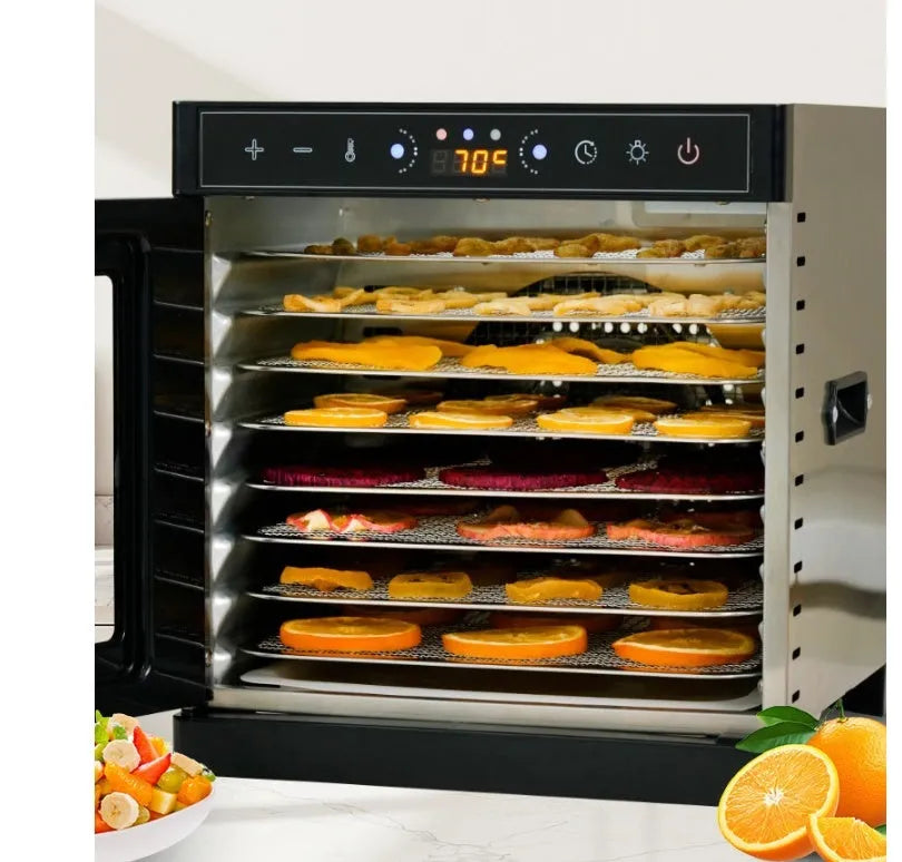 Stainless steel fruit dehydrator with visual skylight window showing food drying inside