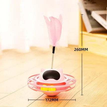 Pink cat tumbler turntable toy with automatic motion mechanism for indoor feline play