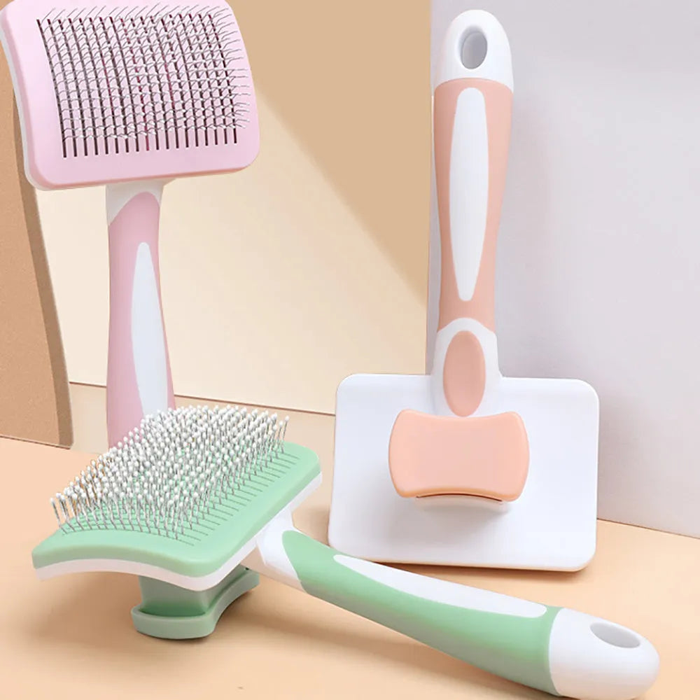 Self cleaning slicker brush for dogs cats with one click button in green orange pink