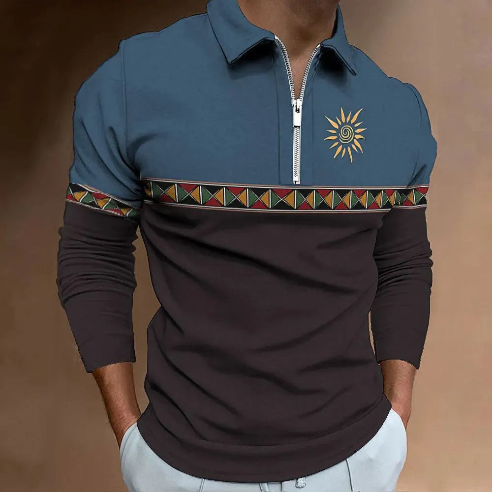 Man wearing a loose fit long sleeve t-shirt with retro colour printing and stripe pattern for golf or casual wear