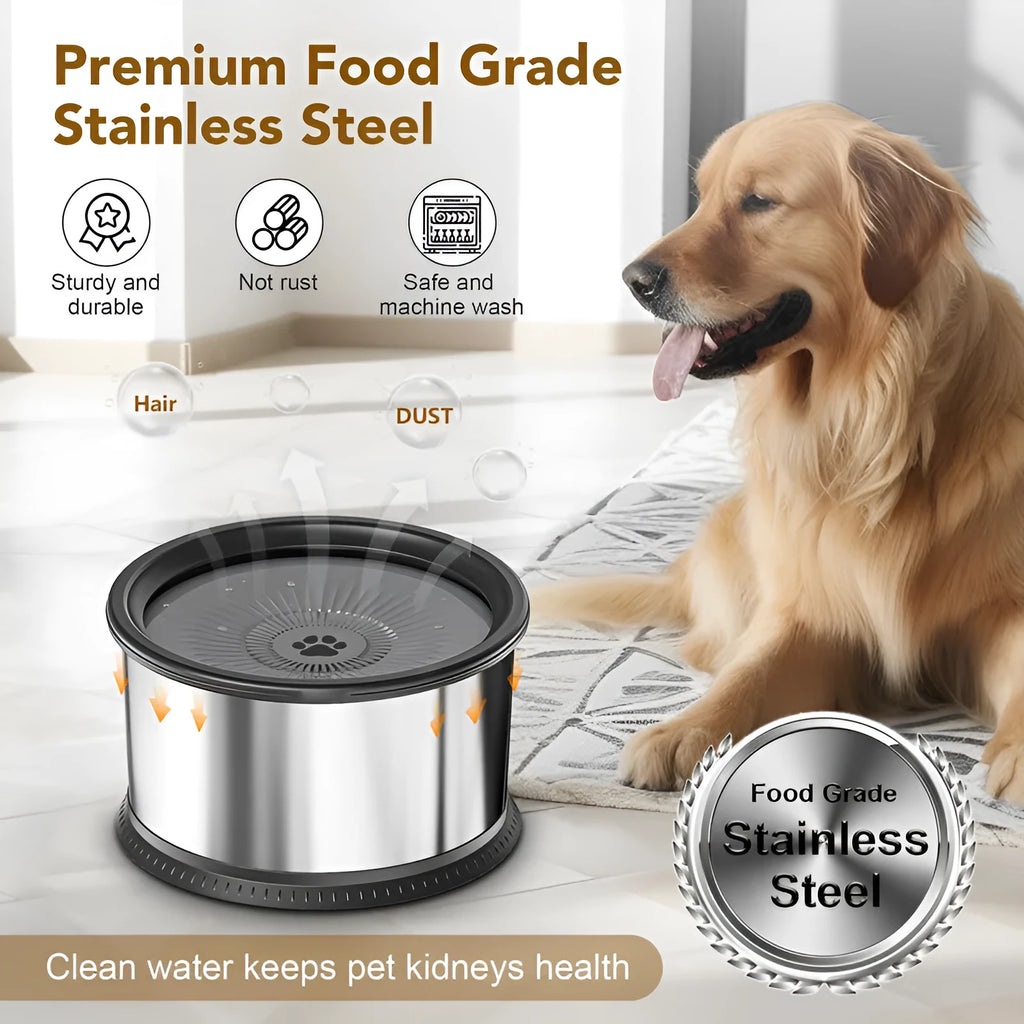 Stainless steel pet water bowl with non-slip base, available in large capacity sizes for dogs and cats