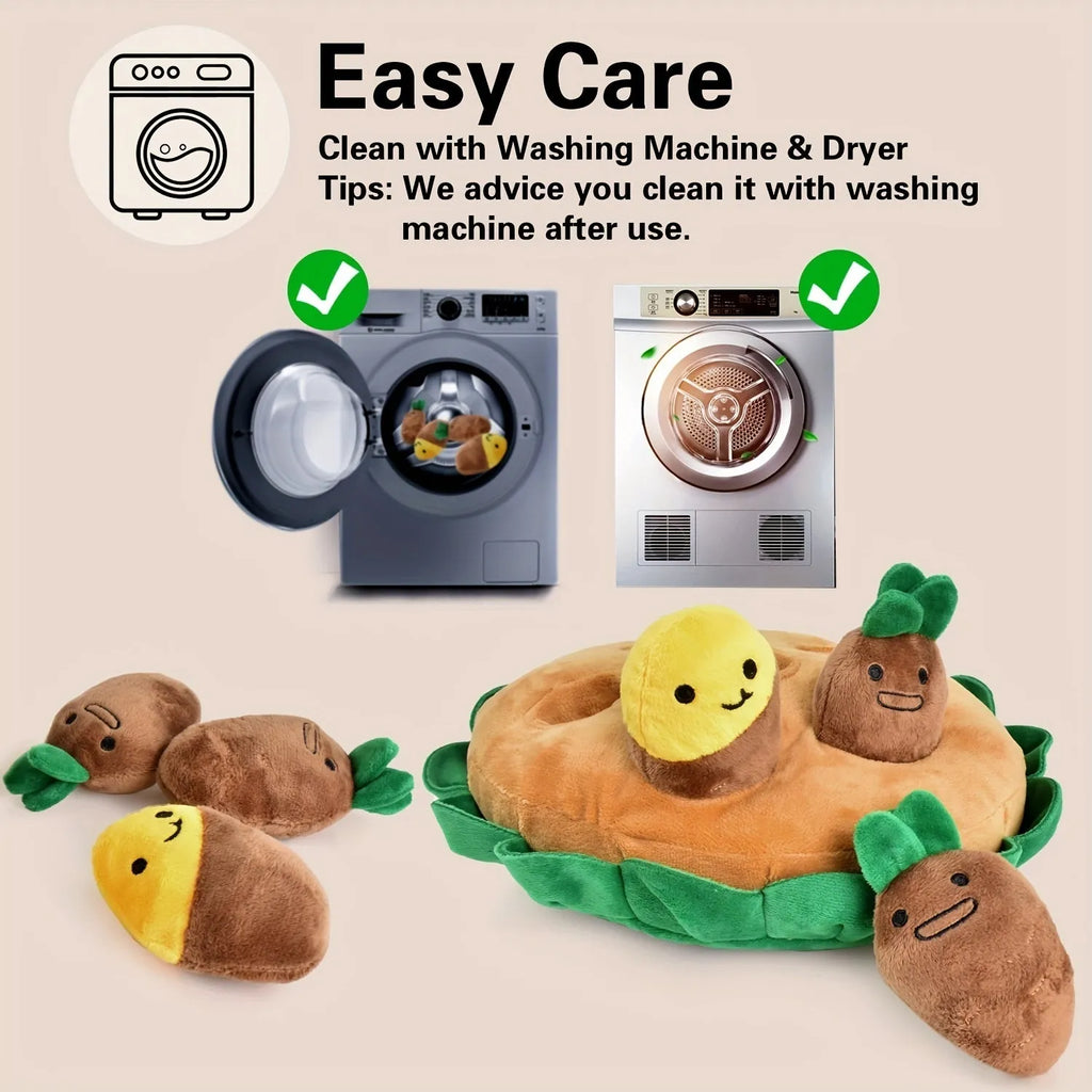 Yellow interactive dog puzzle feeding pad with removable squeaky plush toys for foraging games